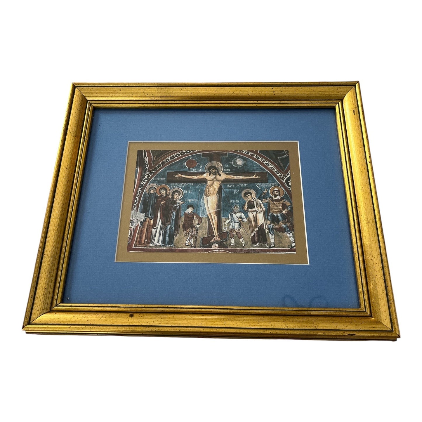 Vintage Christian Religious Art Prints – Set of 2 Framed Byzantine Frescoes – Last Supper & Crucifixion – Daphne Gallery
