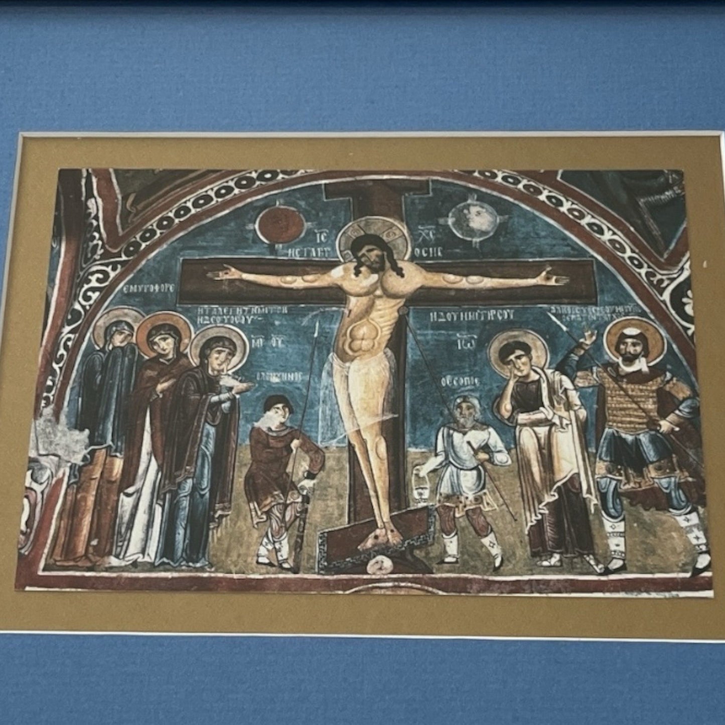 Vintage Christian Religious Art Prints – Set of 2 Framed Byzantine Frescoes – Last Supper & Crucifixion – Daphne Gallery