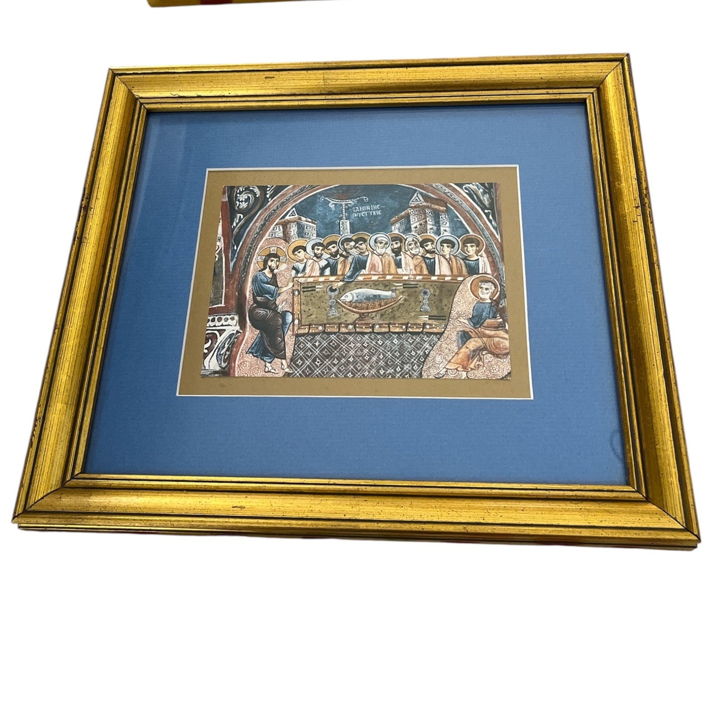 Vintage Christian Religious Art Prints – Set of 2 Framed Byzantine Frescoes – Last Supper & Crucifixion – Daphne Gallery