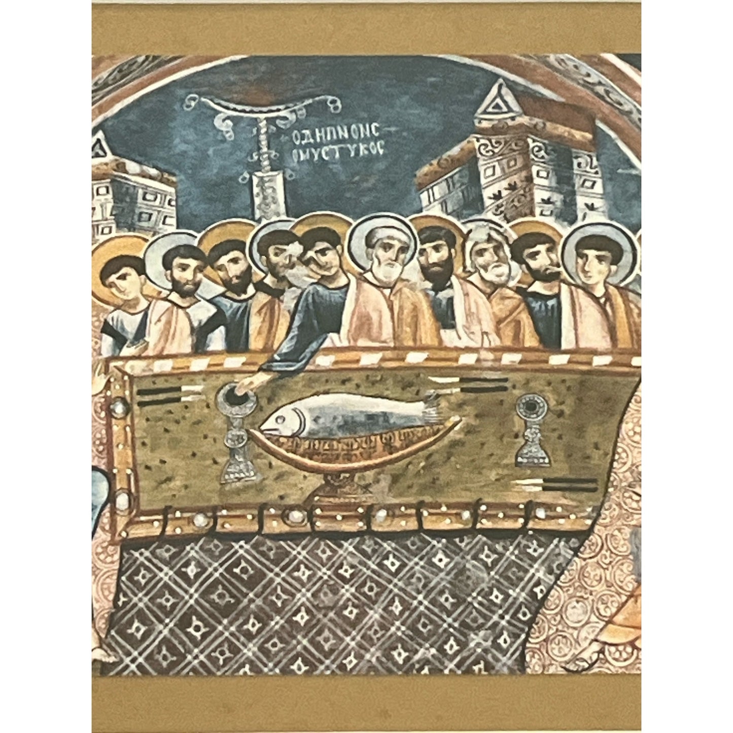 Vintage Christian Religious Art Prints – Set of 2 Framed Byzantine Frescoes – Last Supper & Crucifixion – Daphne Gallery