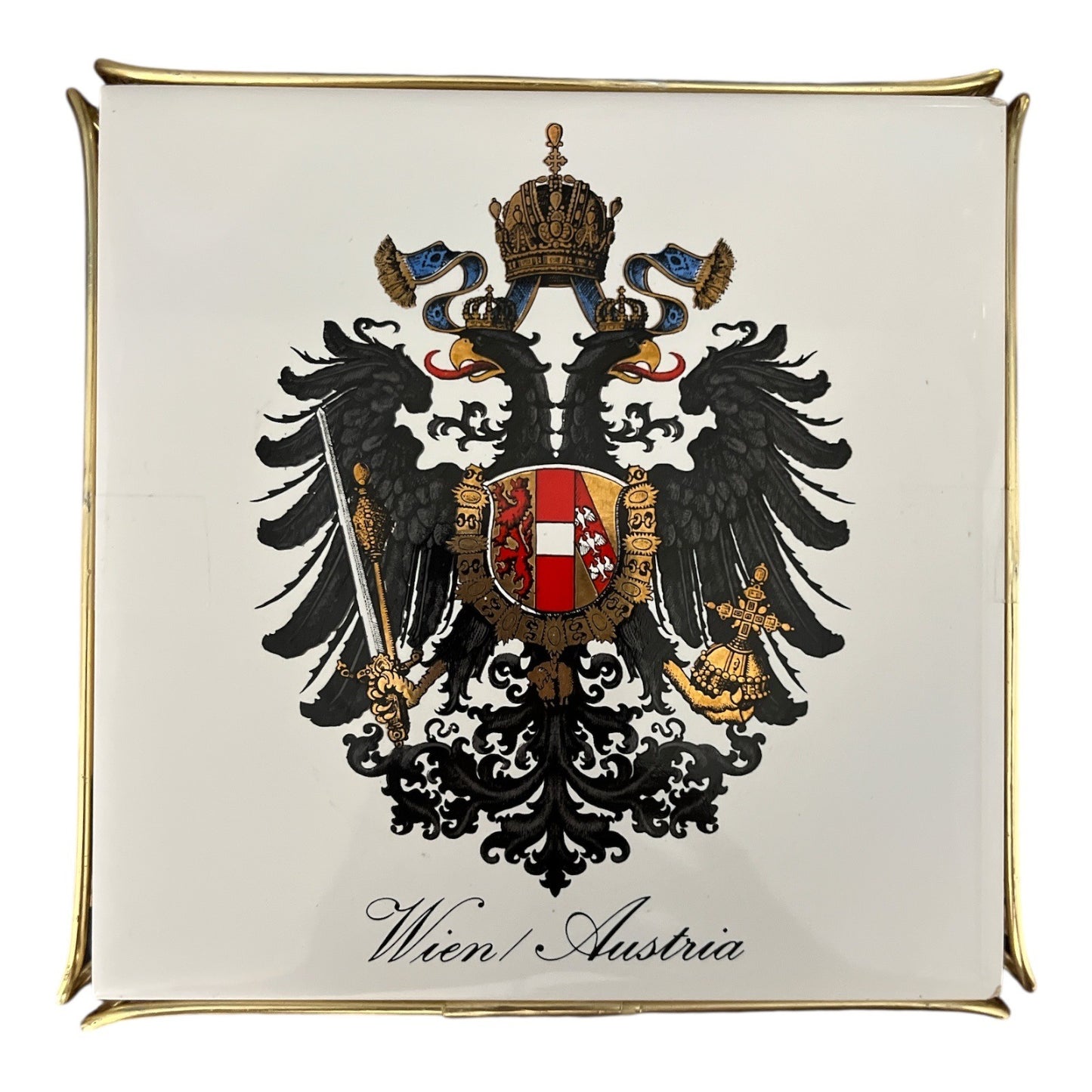 Laufen Wien / Austria Ceramic Tile Tray – Heraldic Eagle – Gold Metal Holder – Vintage
