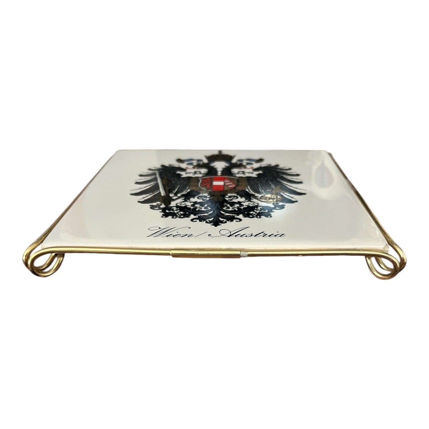 Laufen Wien / Austria Ceramic Tile Tray – Heraldic Eagle – Gold Metal Holder – Vintage
