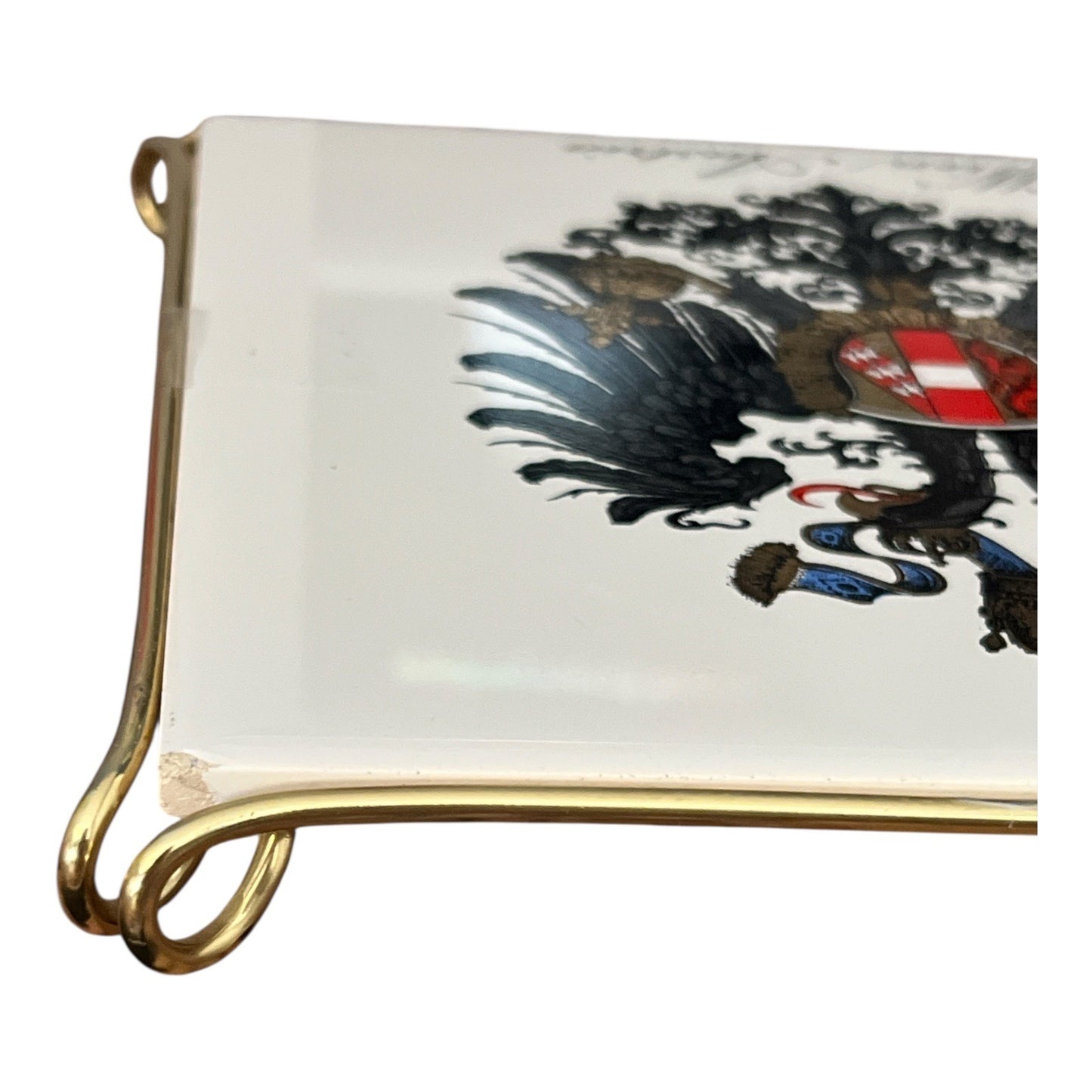 Laufen Wien / Austria Ceramic Tile Tray – Heraldic Eagle – Gold Metal Holder – Vintage