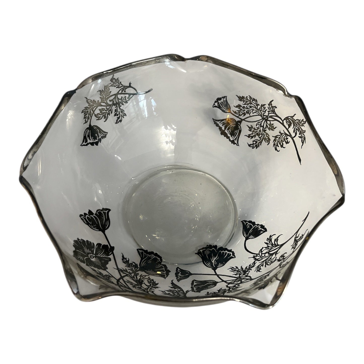 Vintage Clear Glass Bowl with Silver Floral Overlay – Scalloped Rim – 6 x 3 in