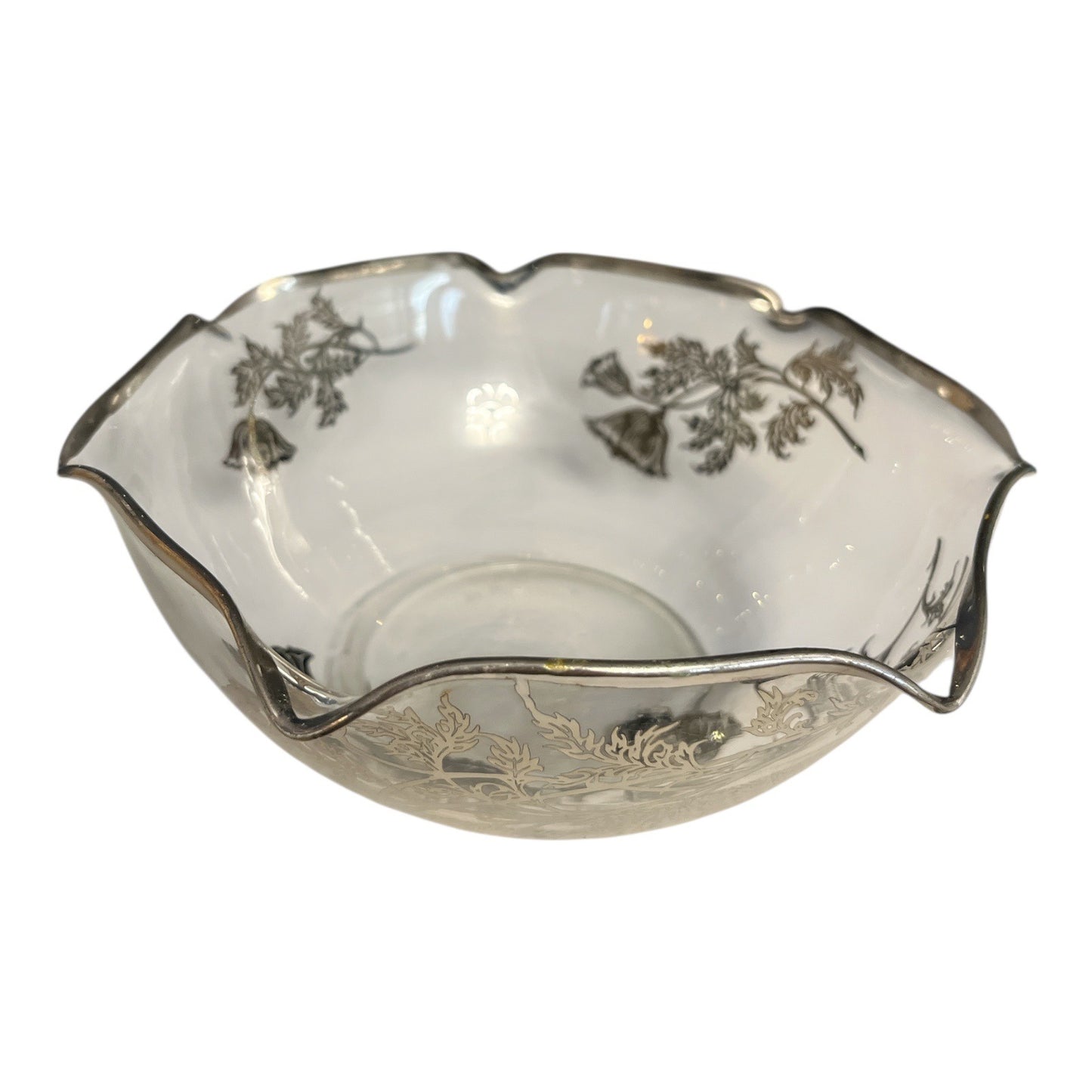 Vintage Clear Glass Bowl with Silver Floral Overlay – Scalloped Rim – 6 x 3 in