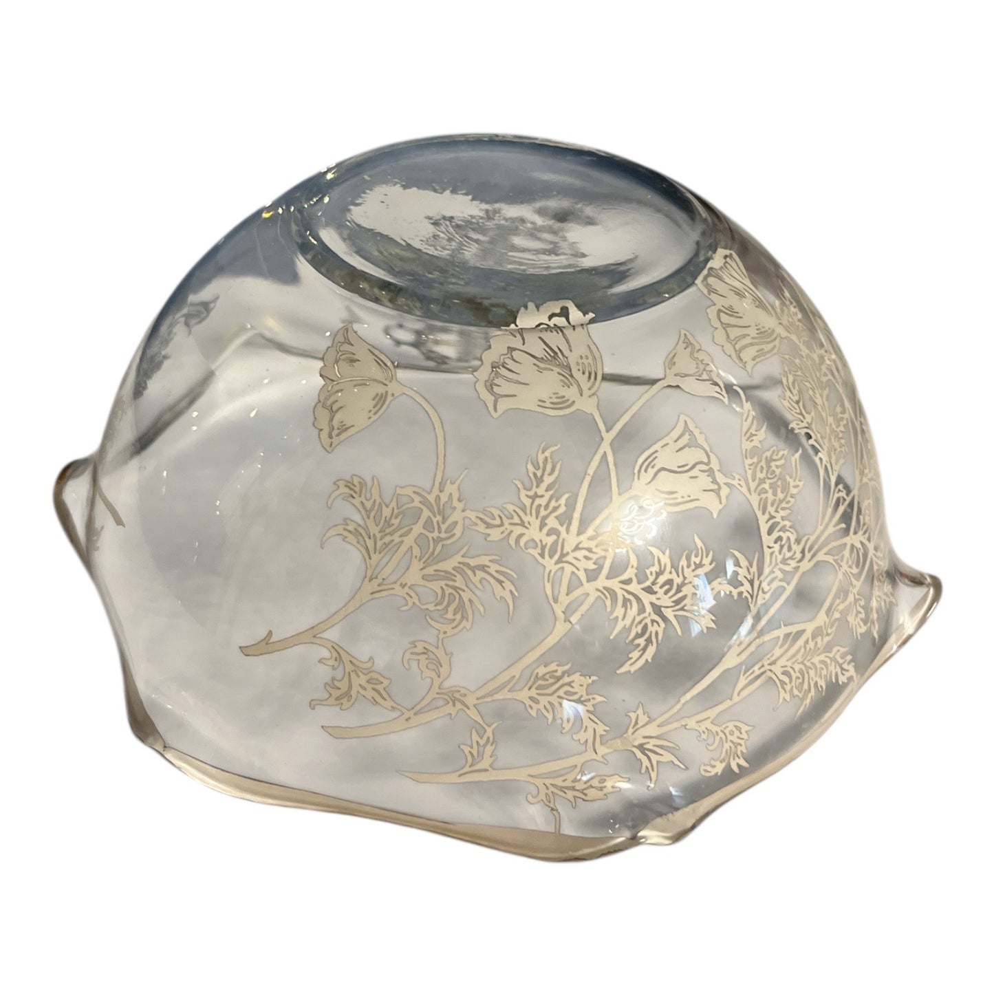 Vintage Clear Glass Bowl with Silver Floral Overlay – Scalloped Rim – 6 x 3 in