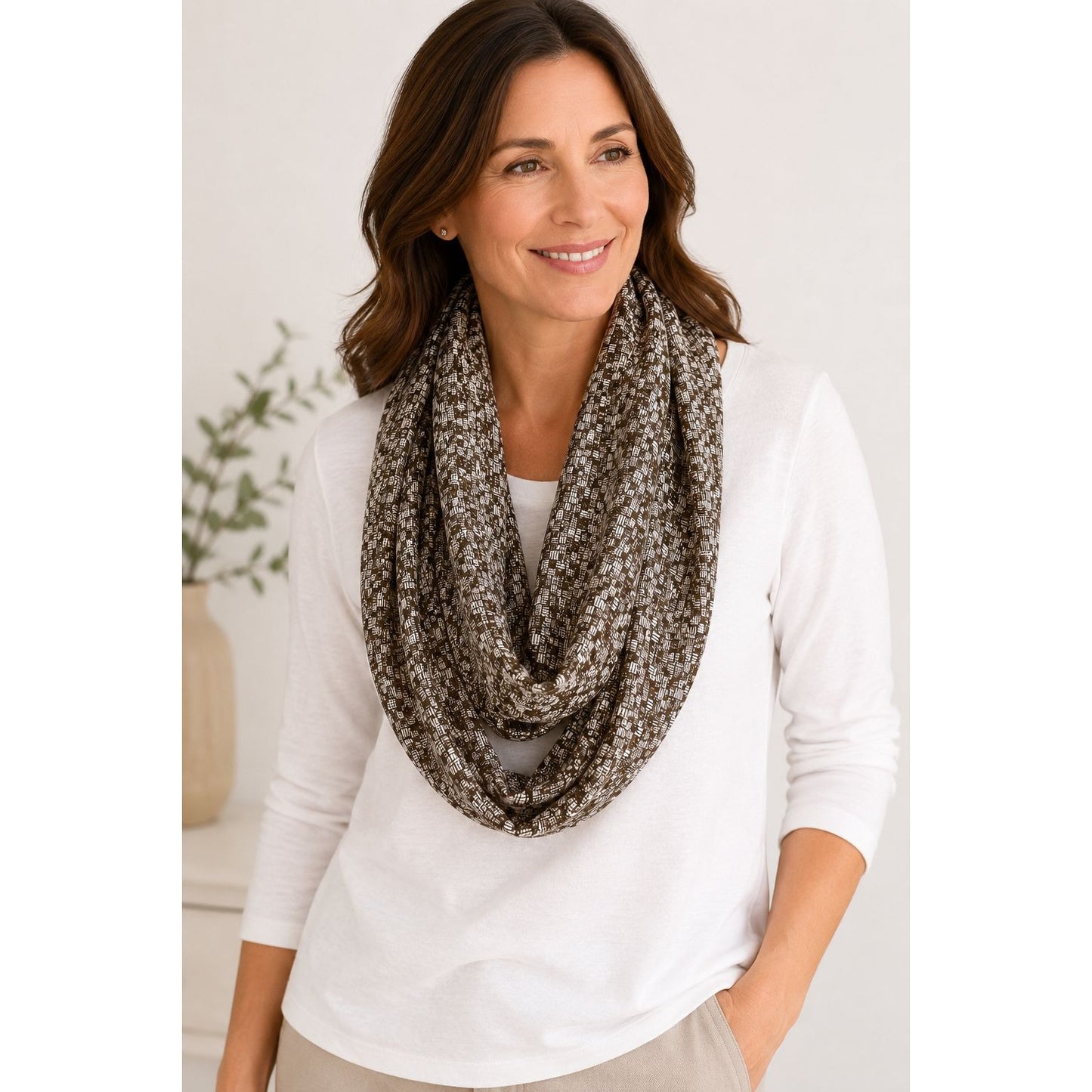 Pure Jill Brown White Geometric Infinity Scarf One Size Soft Lightweight Loop Scarf