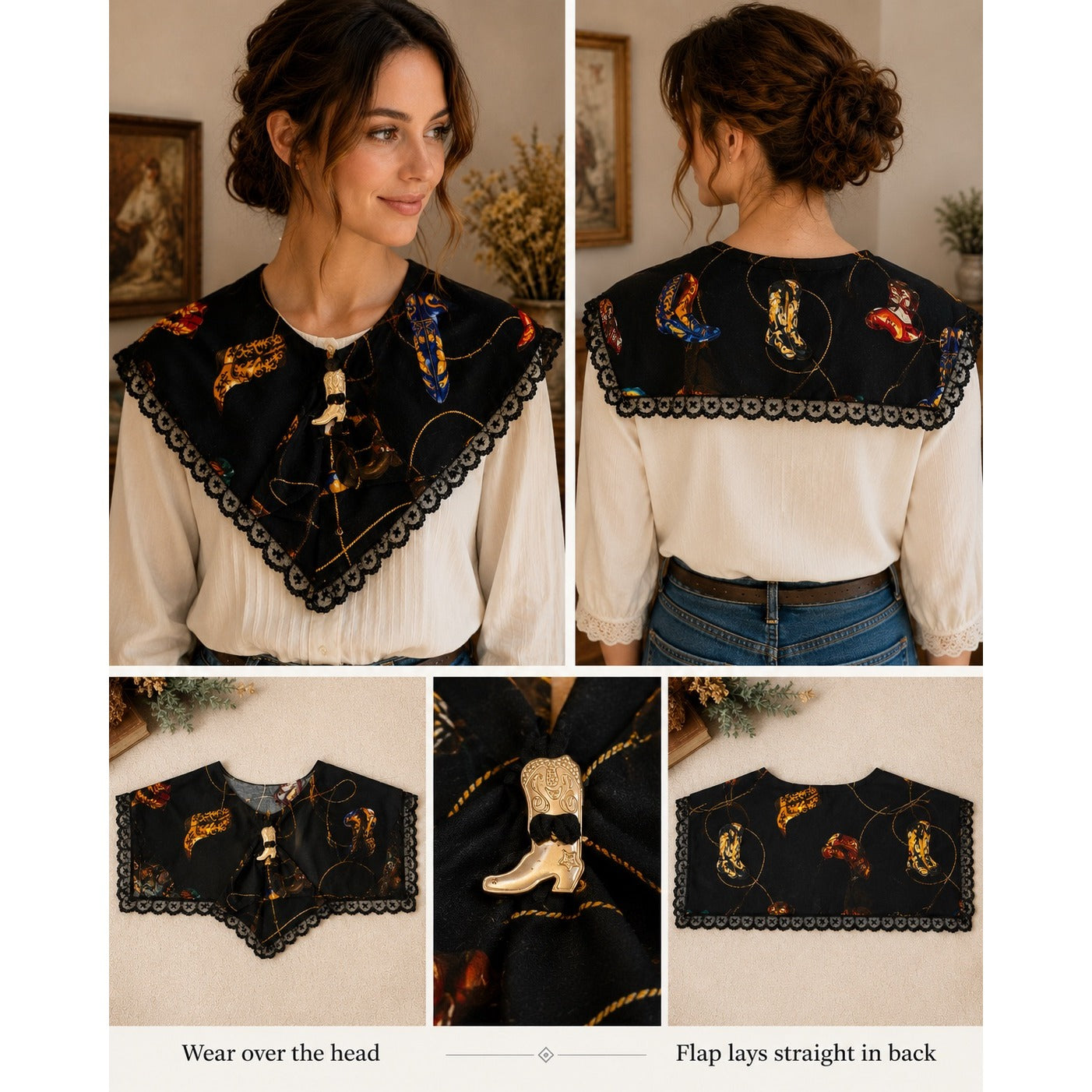 Handmade Vintage Western Cowboy Boot Print Lace Collar Capelet Scarf Gold Tone Boot Slide