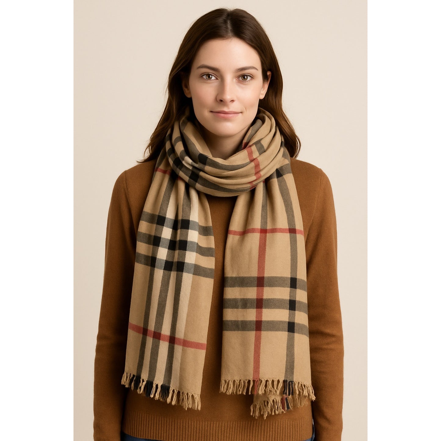 Classic Check Pattern Scarf Neutral Tan Fringe Wrap Large Lightweight