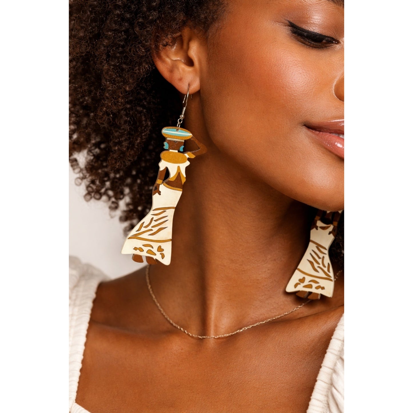 African Woman Dangle Earrings Wood Hand Painted Tribal Afrocentric Jewelry 3.5”