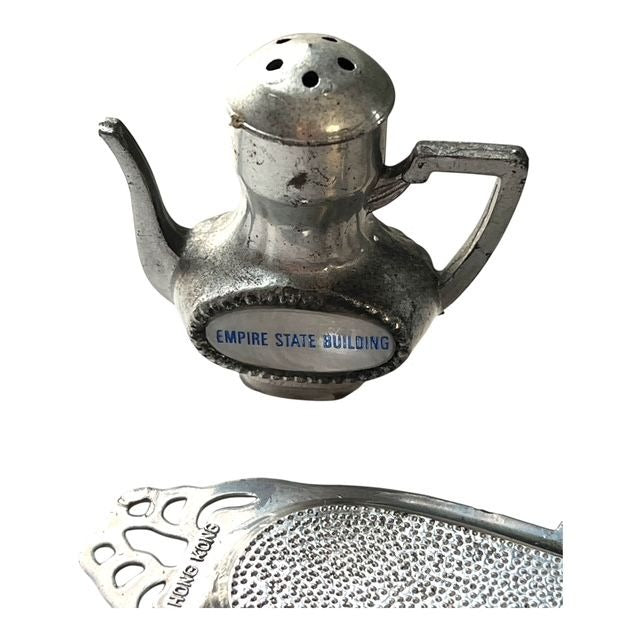 Vintage Bride Doll and Empire State Building Metal Tea Set with Crocheted Accessories