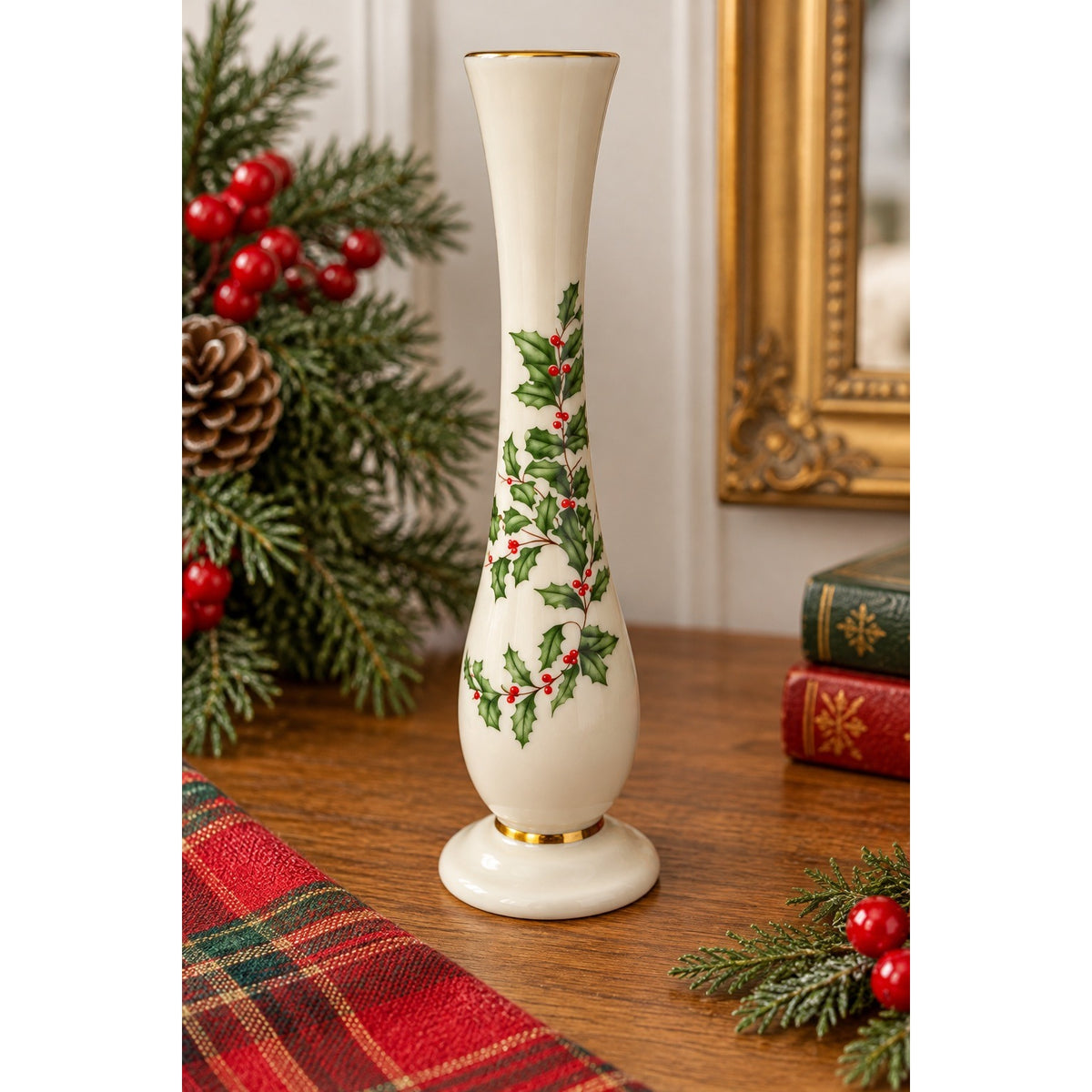 Vintage Lenox Holiday Holly Berry Bud Vase 7 Inch Fine China Gold Trim USA