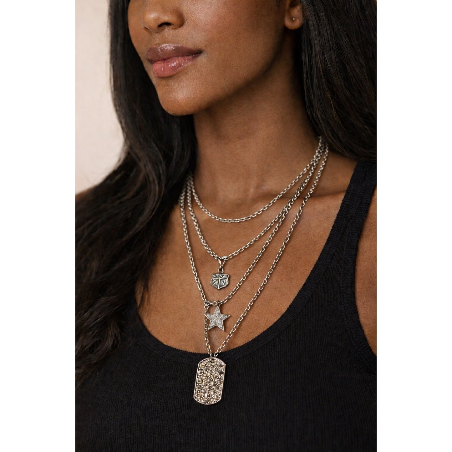Y2K Layered Silver Tone Necklace with Star Crest and Dog Tag Charms