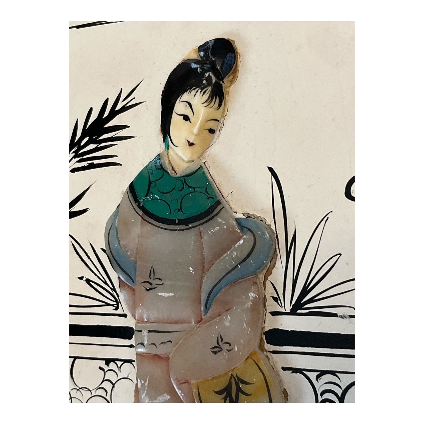 Vintage Mother-of-Pearl and Painted Wood Wall Plaque – Asian Scene – Made in Macau – 15 x 11 Inches