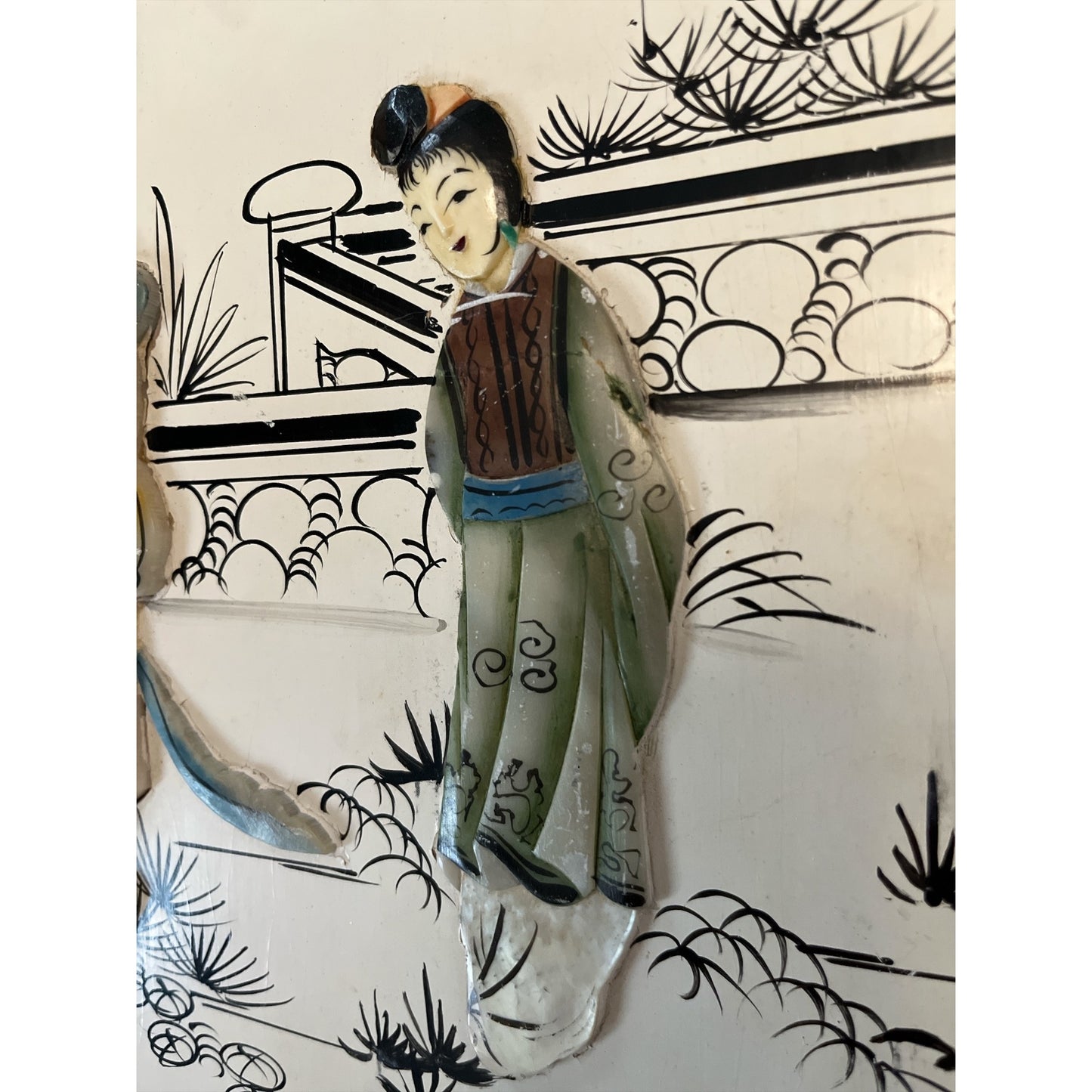 Vintage Mother-of-Pearl and Painted Wood Wall Plaque – Asian Scene – Made in Macau – 15 x 11 Inches