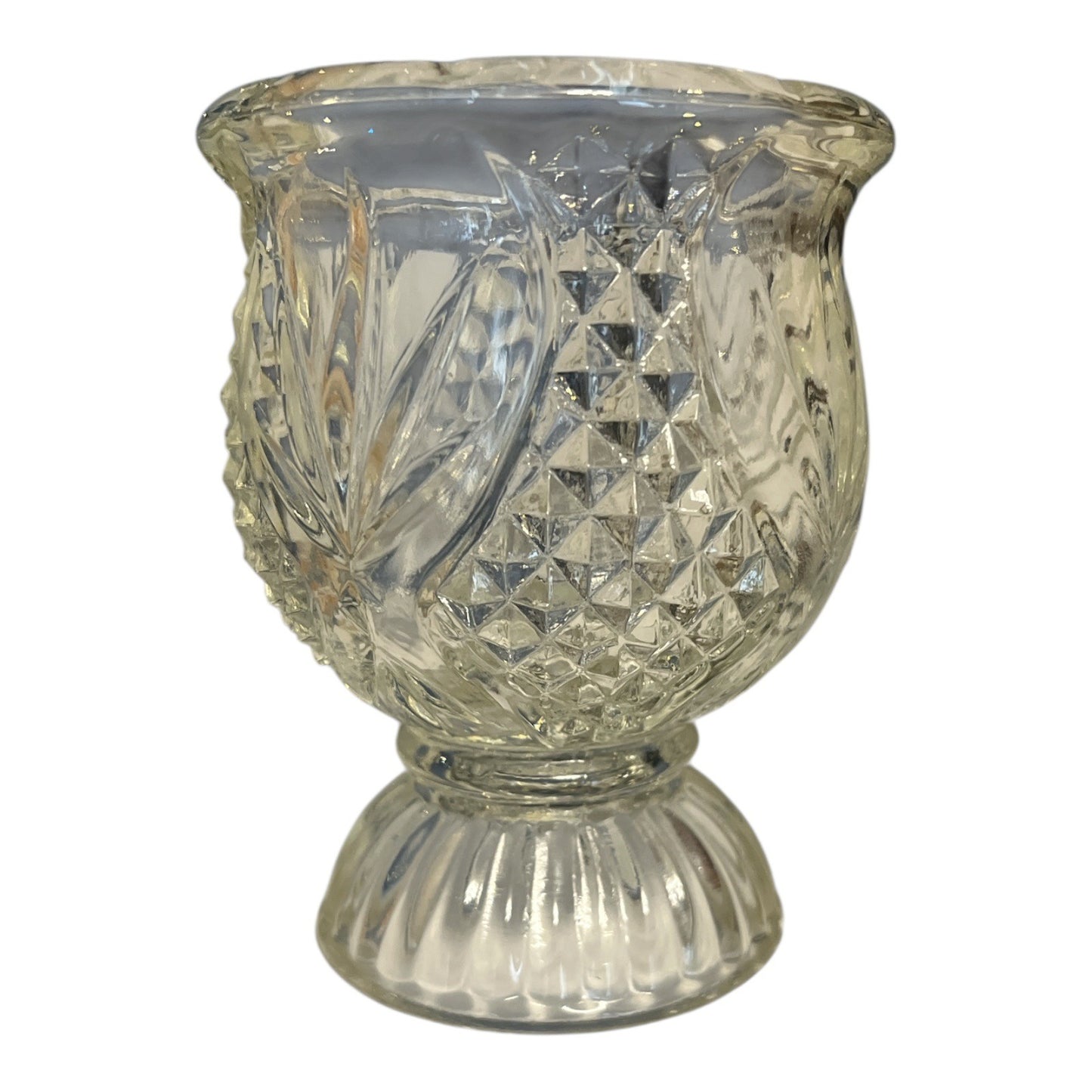 Vintage Avon Pressed Glass Pedestal Votive Holder – 1970s Diamond & Leaf Pattern – 4” Clear Glass Mini Compote