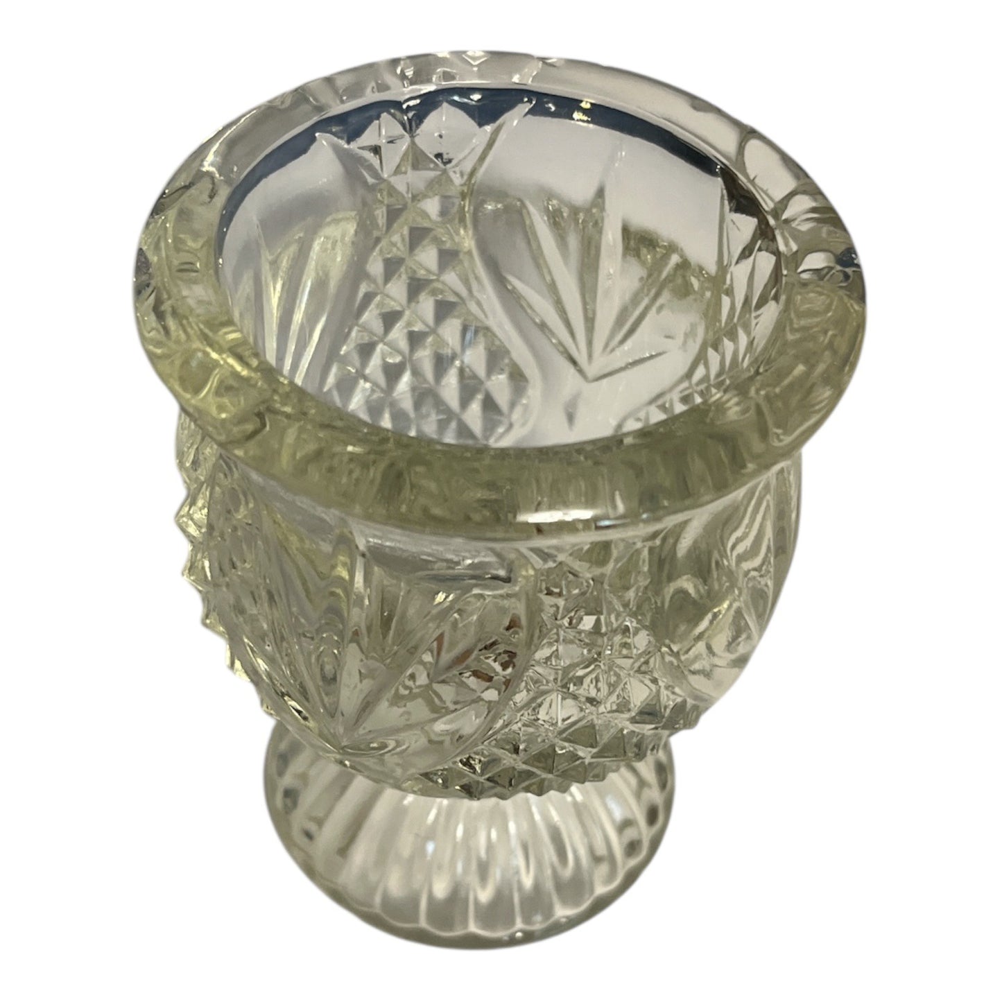 Vintage Avon Pressed Glass Pedestal Votive Holder – 1970s Diamond & Leaf Pattern – 4” Clear Glass Mini Compote