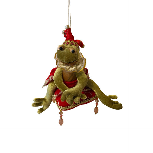 Vintage Christmas Frog Ornament Jester Frog on Velvet Cushion Holiday Tree Decoration 7"