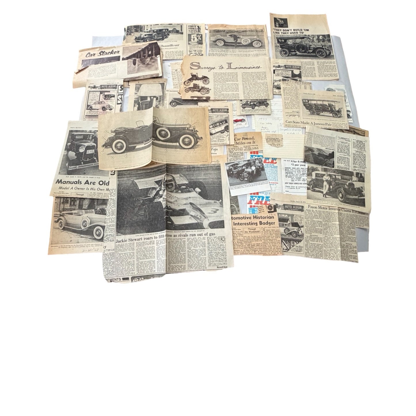 Vintage 1960s 1970s Automotive Newspaper Clippings Lot Tad Burness Auto Album Classic Cars Ephemera