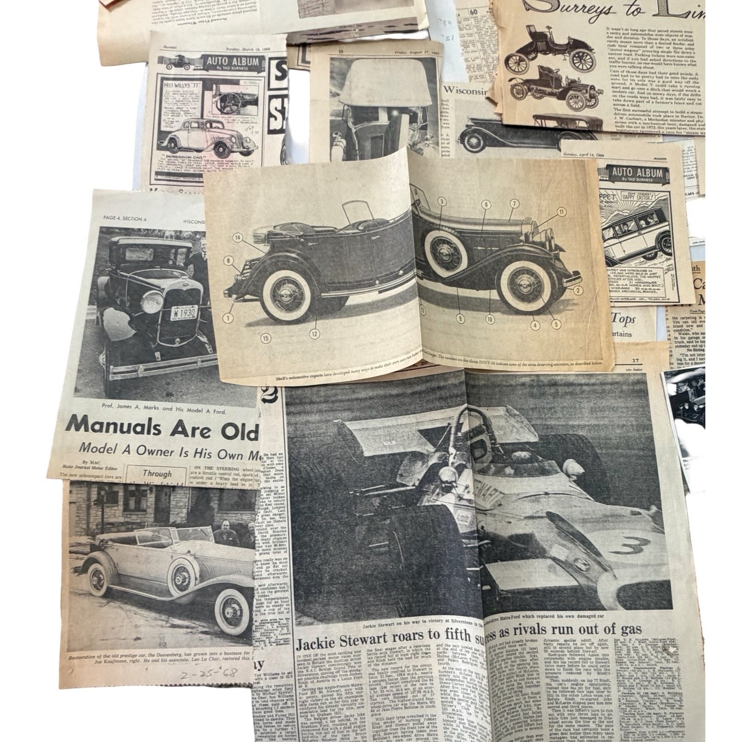 Vintage 1960s 1970s Automotive Newspaper Clippings Lot Tad Burness Auto Album Classic Cars Ephemera