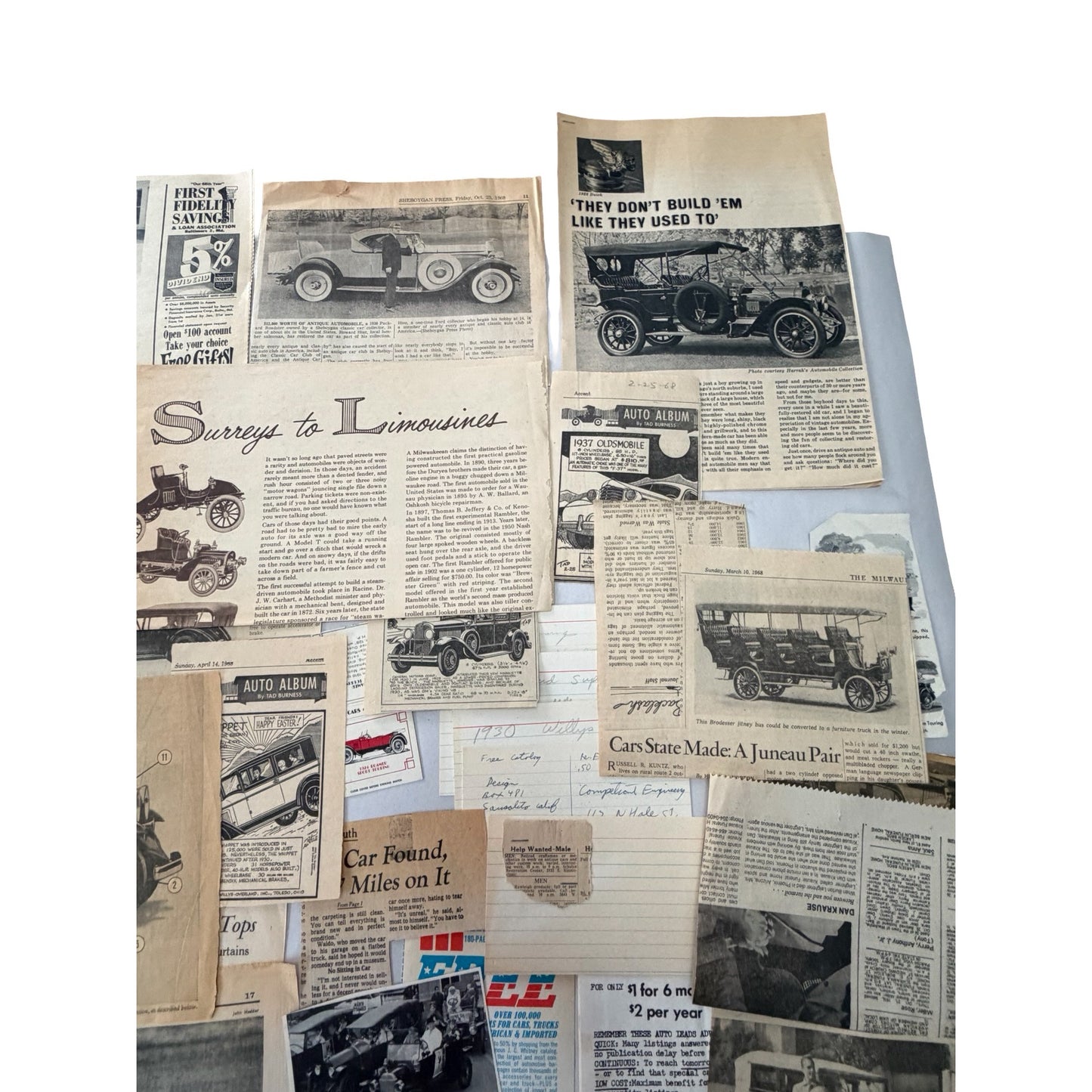 Vintage 1960s 1970s Automotive Newspaper Clippings Lot Tad Burness Auto Album Classic Cars Ephemera
