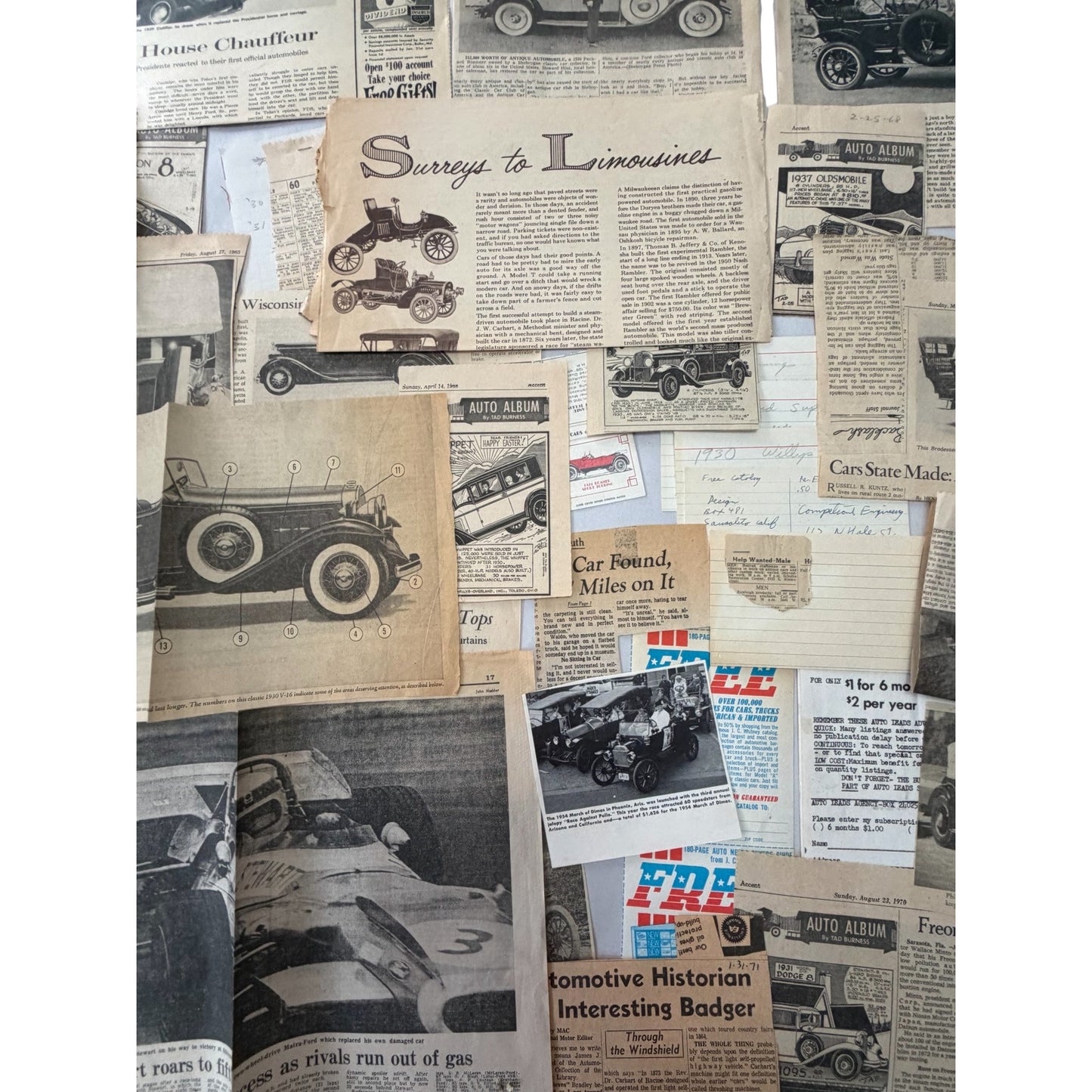 Vintage 1960s 1970s Automotive Newspaper Clippings Lot Tad Burness Auto Album Classic Cars Ephemera