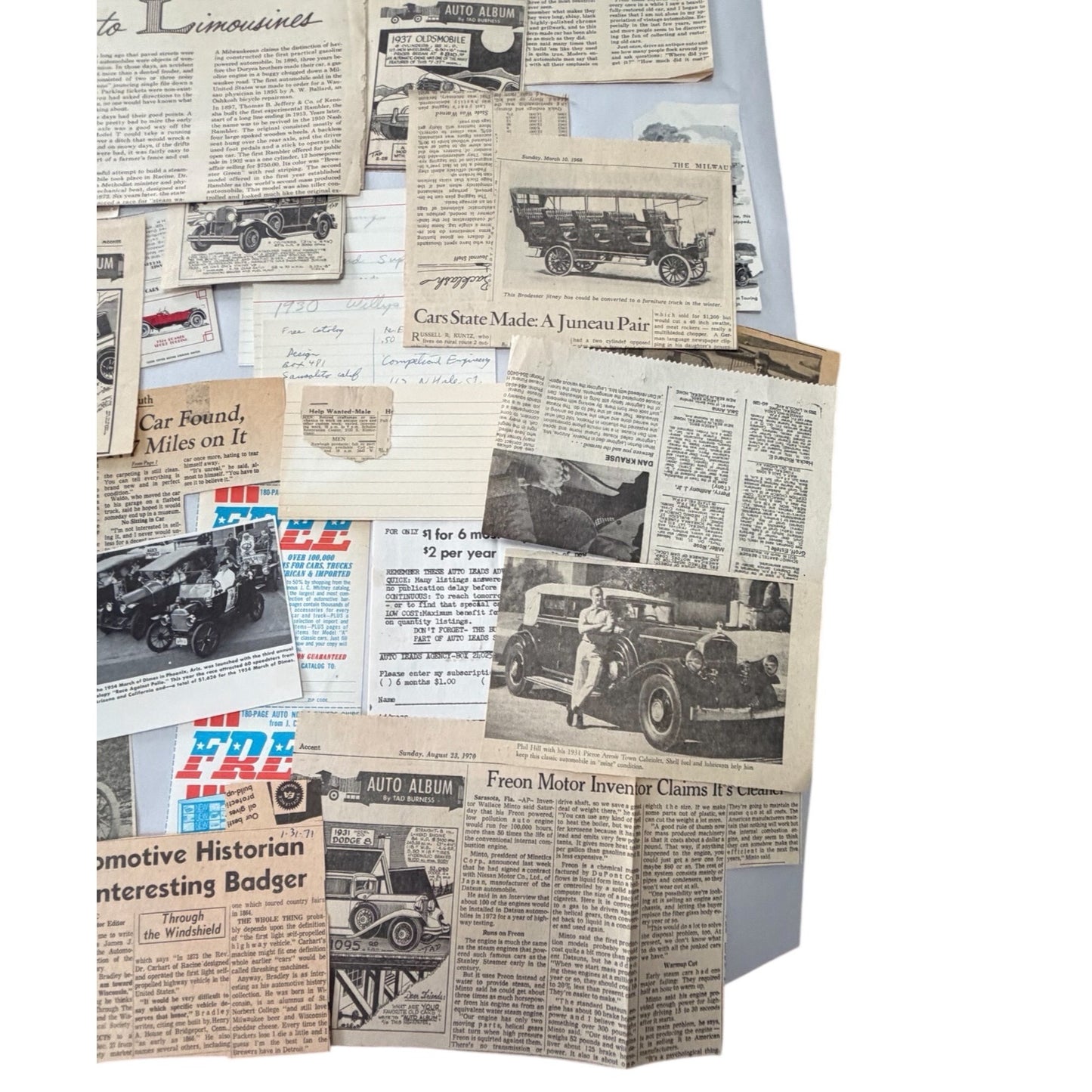 Vintage 1960s 1970s Automotive Newspaper Clippings Lot Tad Burness Auto Album Classic Cars Ephemera