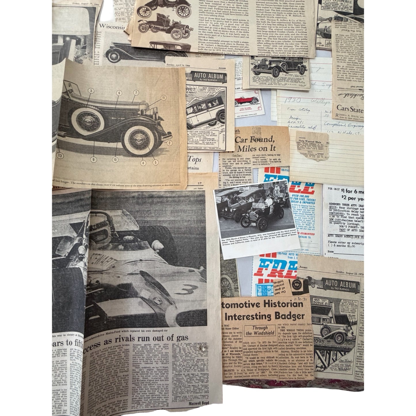 Vintage 1960s 1970s Automotive Newspaper Clippings Lot Tad Burness Auto Album Classic Cars Ephemera