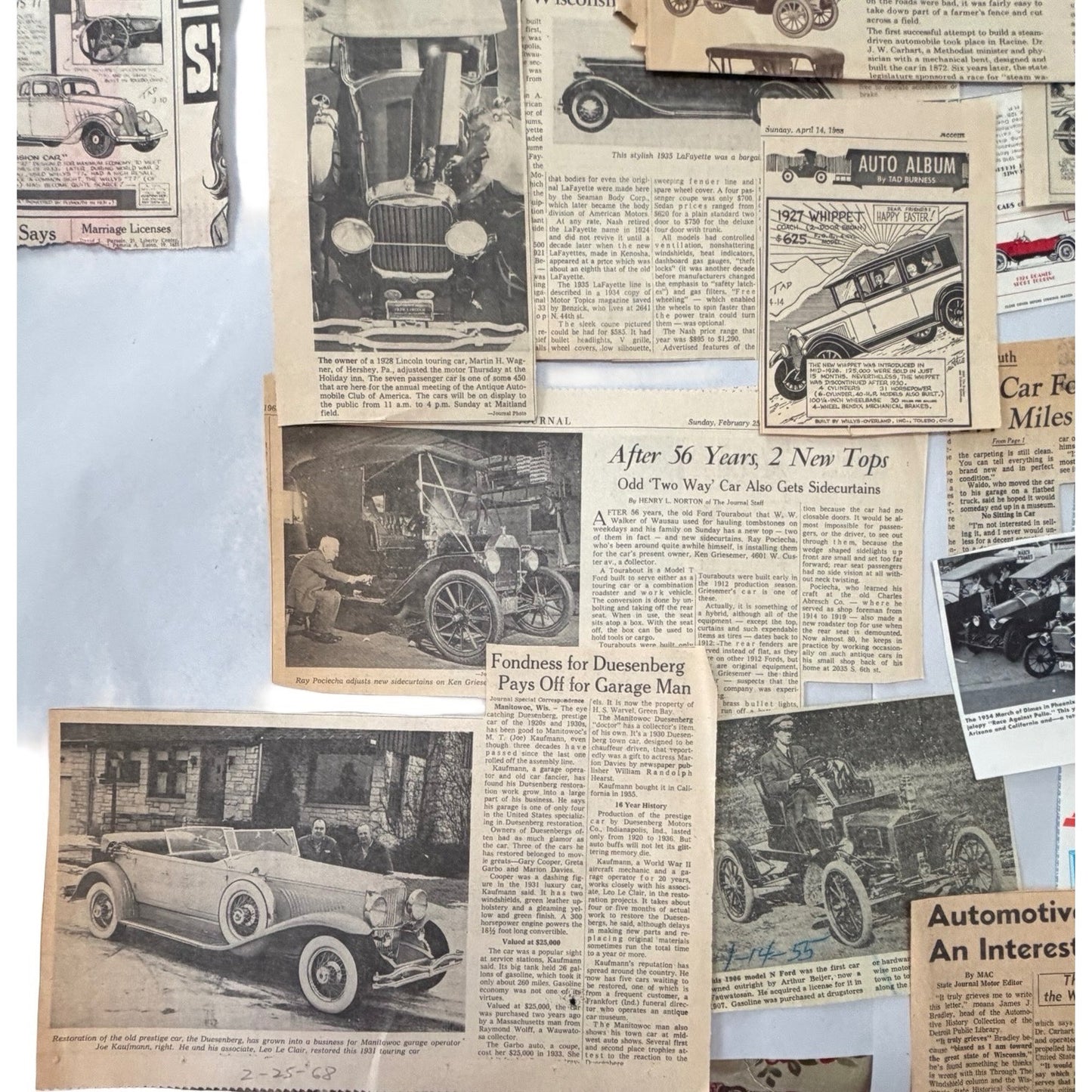 Vintage 1960s 1970s Automotive Newspaper Clippings Lot Tad Burness Auto Album Classic Cars Ephemera