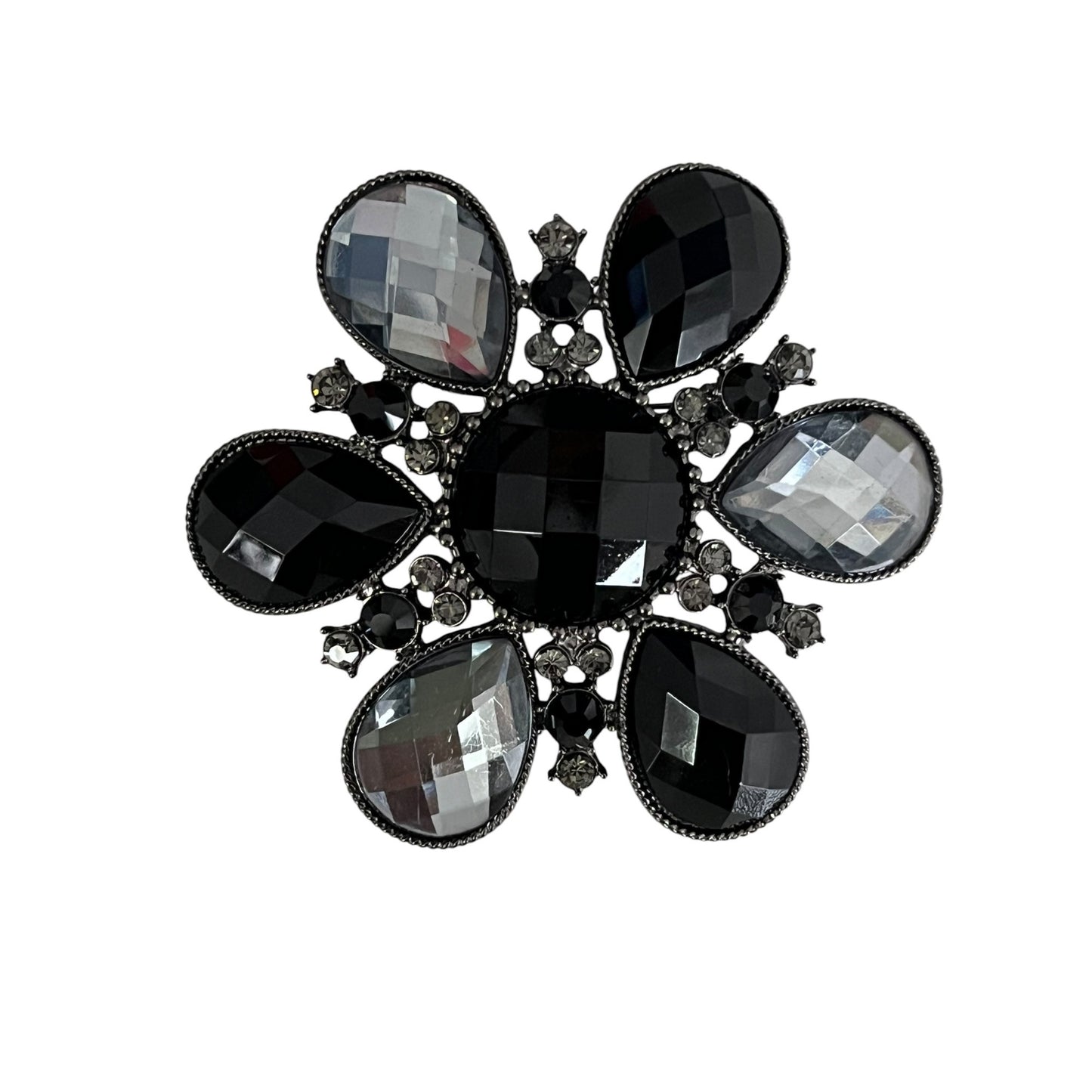 Vintage Black Gray Rhinestone Floral Brooch Gunmetal Tone Statement Pin 3.5 Inch