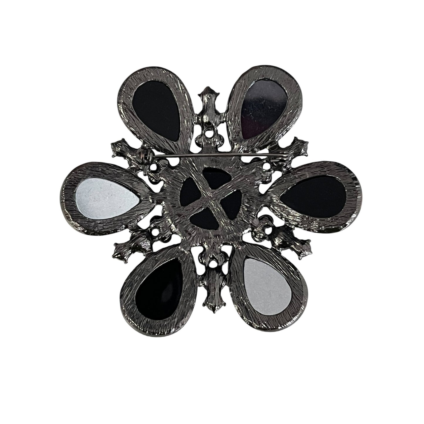 Vintage Black Gray Rhinestone Floral Brooch Gunmetal Tone Statement Pin 3.5 Inch