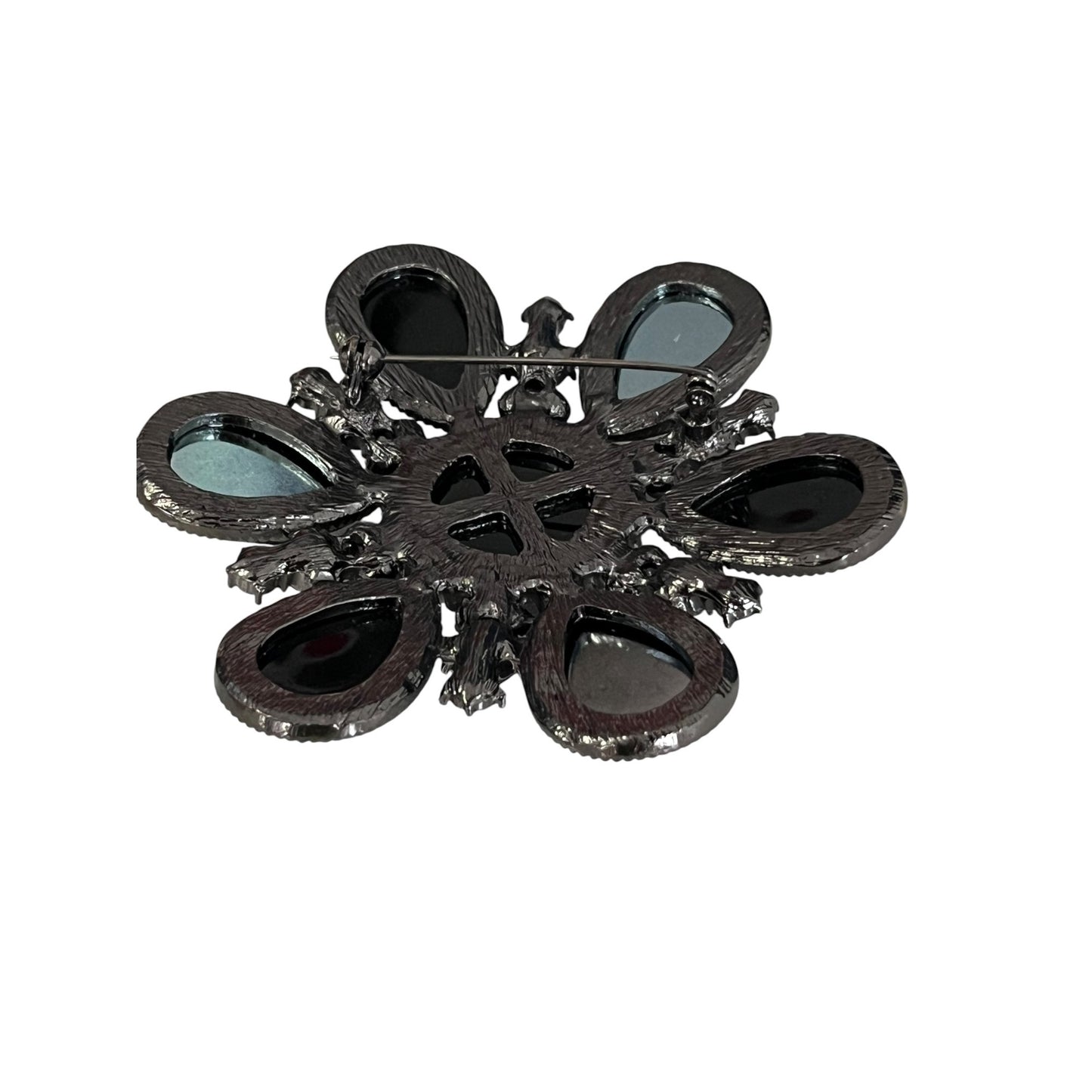 Vintage Black Gray Rhinestone Floral Brooch Gunmetal Tone Statement Pin 3.5 Inch