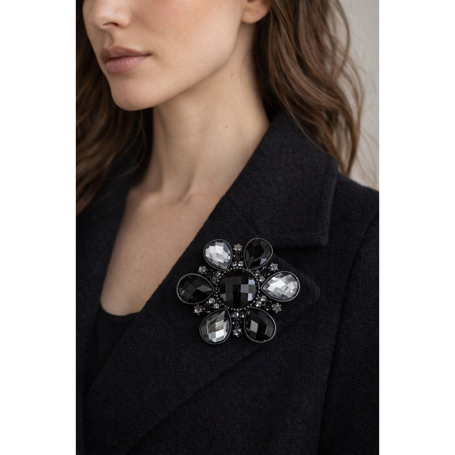Vintage Black Gray Rhinestone Floral Brooch Gunmetal Tone Statement Pin 3.5 Inch