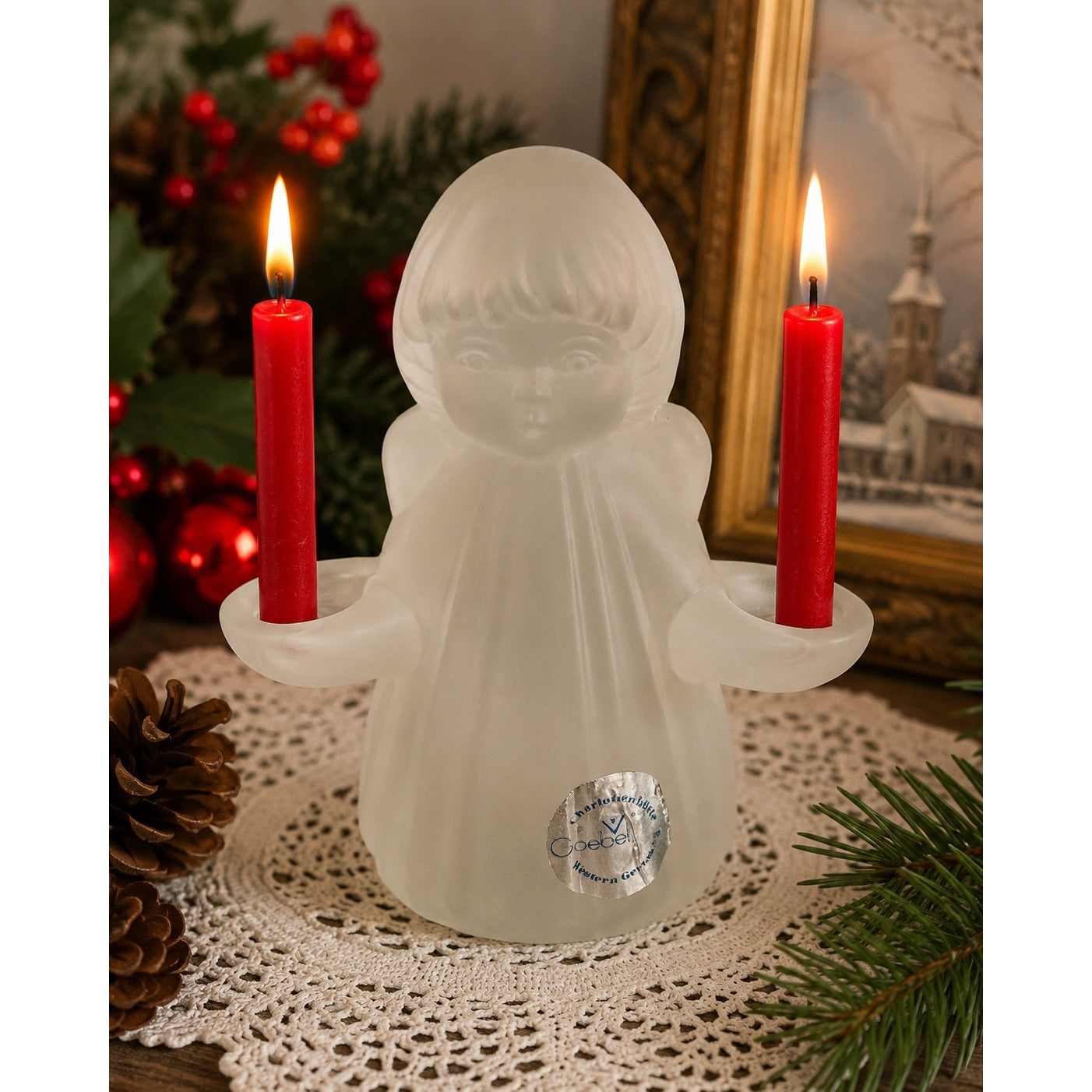 Vintage Goebel West Germany Frosted Glass Angel Double Taper Candle Holder Figurine Original Sticker