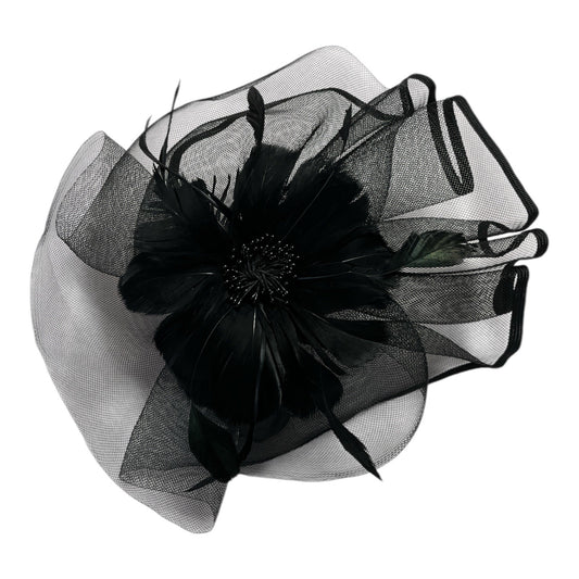 Black Mesh Fascinator Hat with Feather Flower and Headband Clip – Elegant Formal or Funeral Accessory