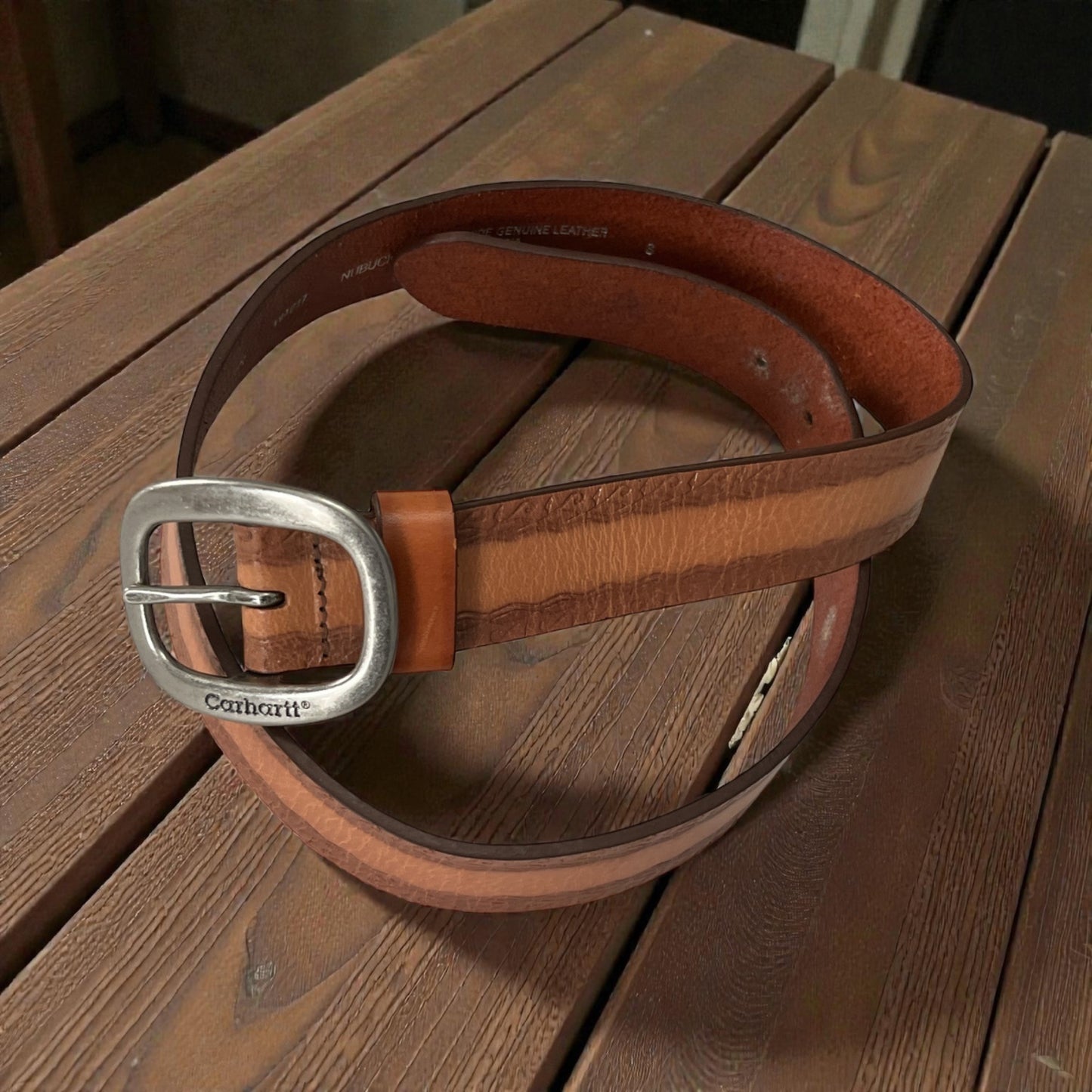 Carhartt Nubuck Leather Belt Brown Tooled Cowhide Silver Buckle 34” Small