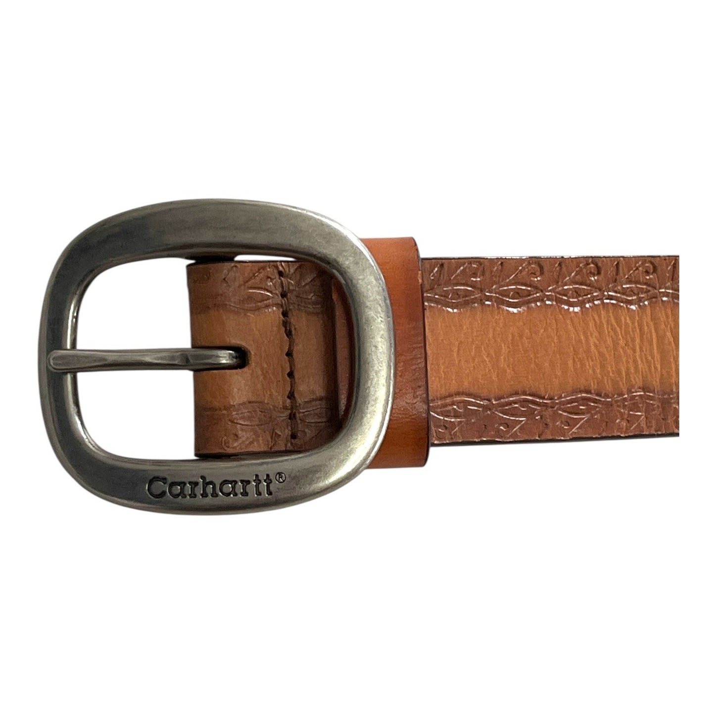 Carhartt Nubuck Leather Belt Brown Tooled Cowhide Silver Buckle 34” Small