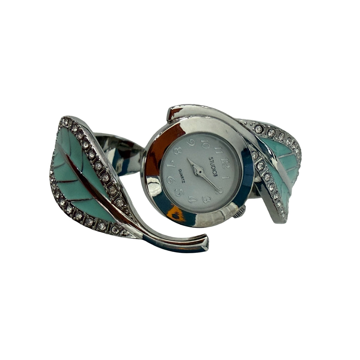 Studio STD3938T Aqua Enamel Leaf Rhinestone Silver Tone Bangle Watch