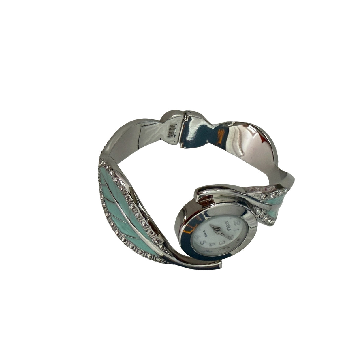 Studio STD3938T Aqua Enamel Leaf Rhinestone Silver Tone Bangle Watch