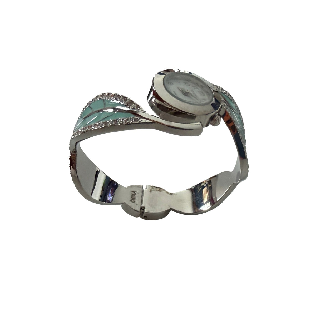 Studio STD3938T Aqua Enamel Leaf Rhinestone Silver Tone Bangle Watch