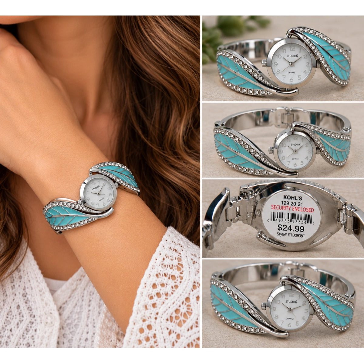 Studio STD3938T Aqua Enamel Leaf Rhinestone Silver Tone Bangle Watch