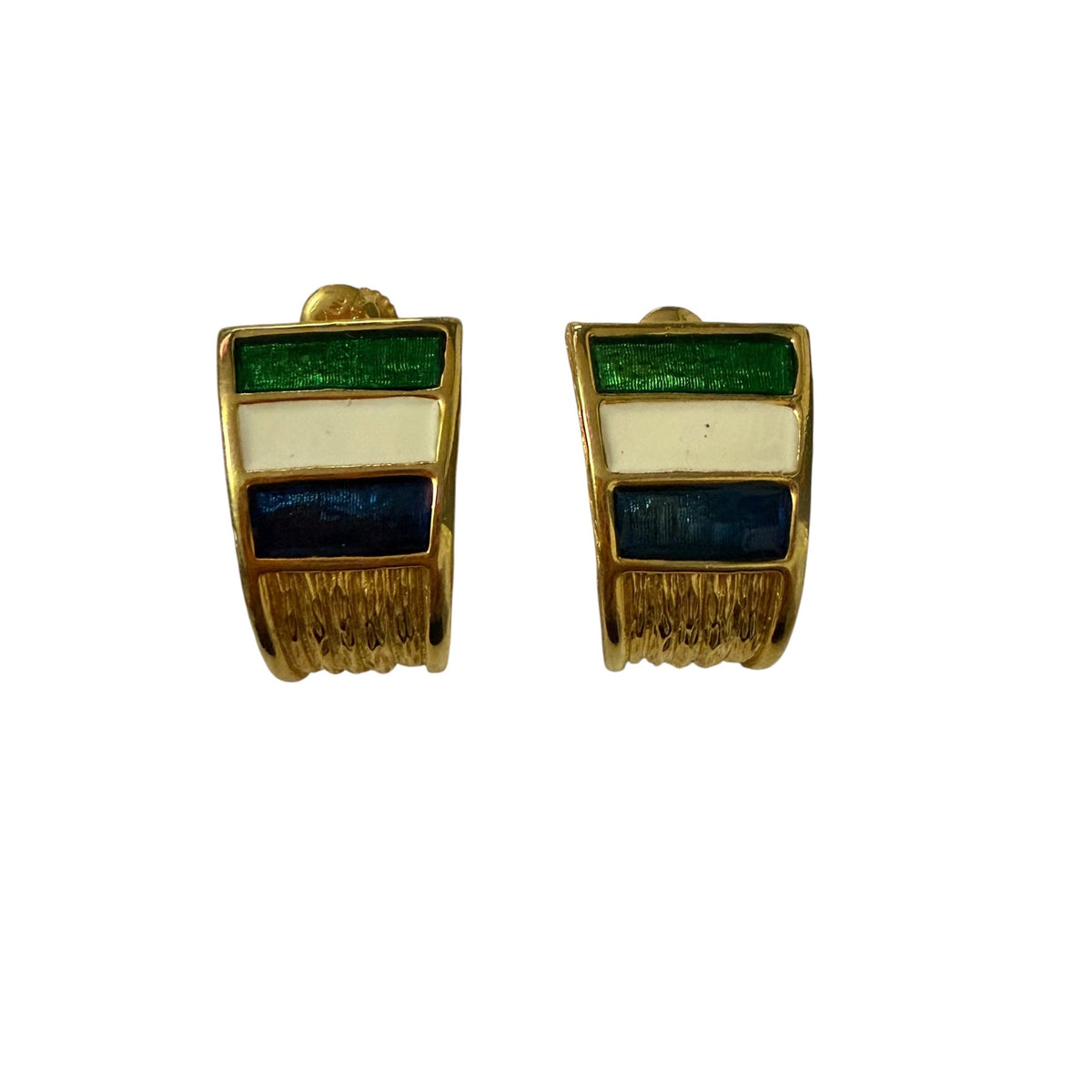 Vintage 1980s Enamel J Hoop Clip On Earrings Green Ivory Navy Gold Tone 1"