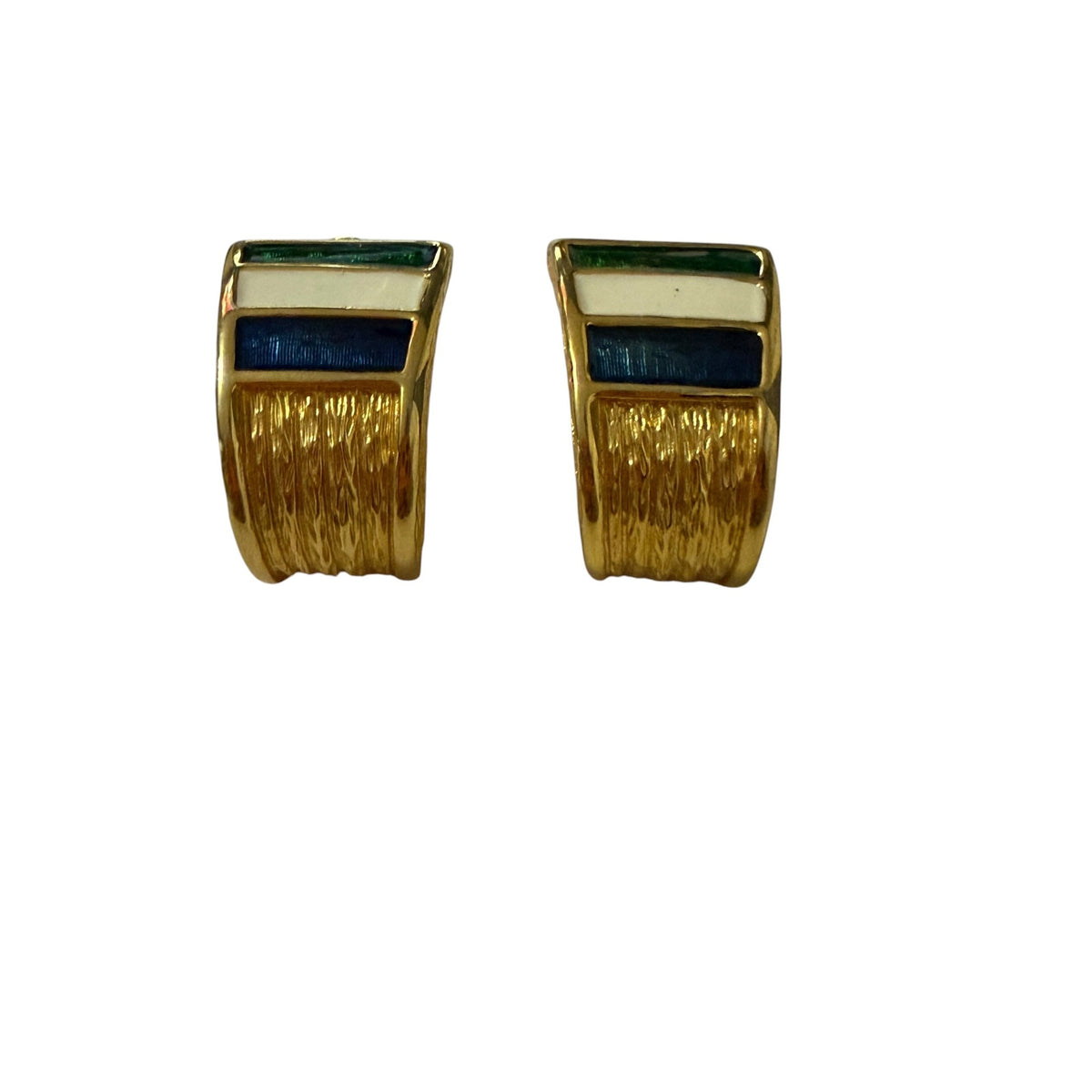 Vintage 1980s Enamel J Hoop Clip On Earrings Green Ivory Navy Gold Tone 1"