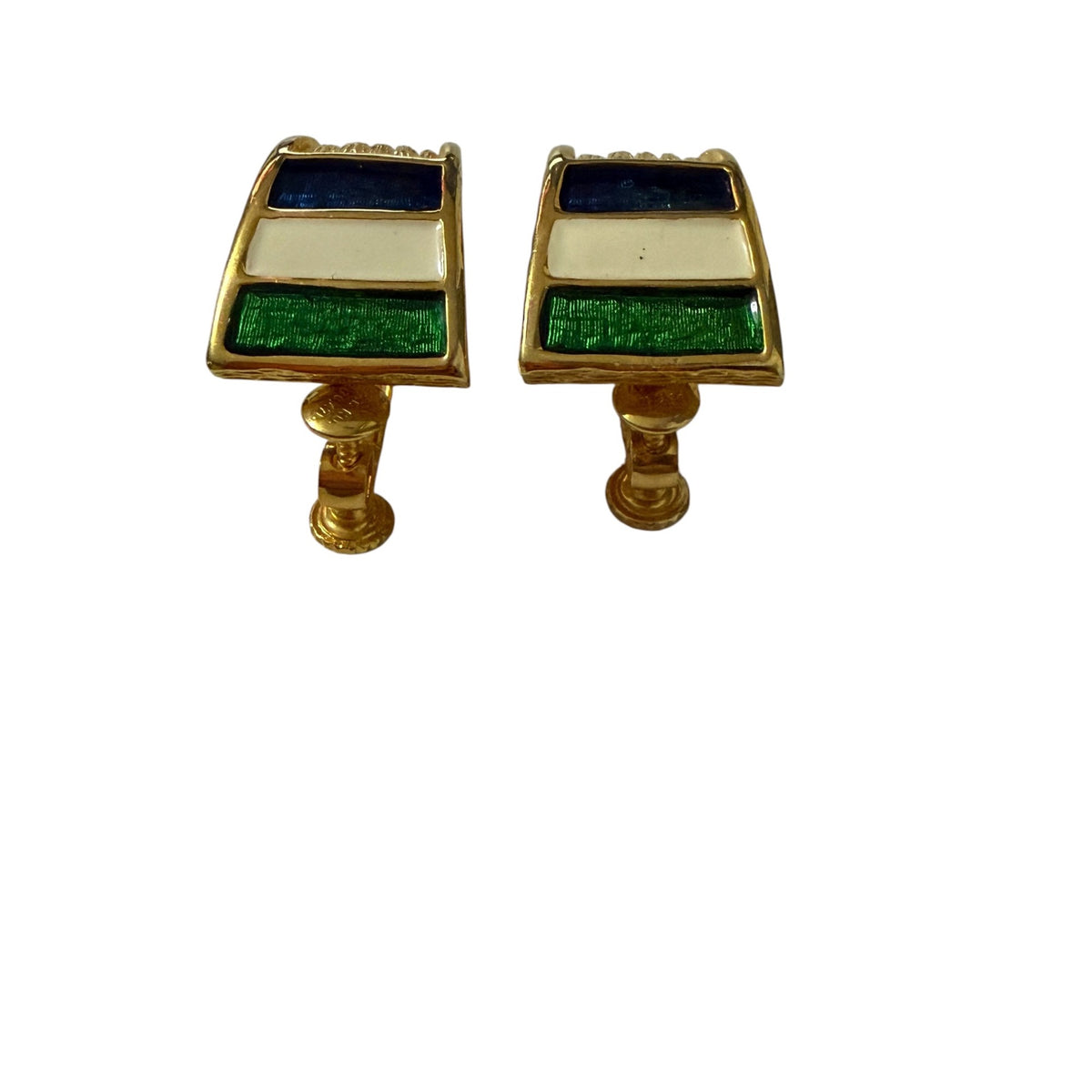 Vintage 1980s Enamel J Hoop Clip On Earrings Green Ivory Navy Gold Tone 1"