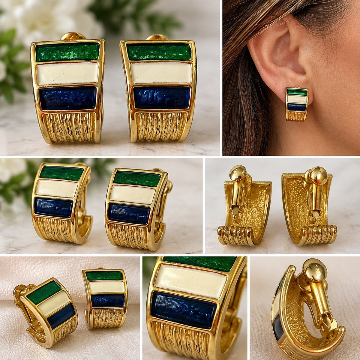Vintage 1980s Enamel J Hoop Clip On Earrings Green Ivory Navy Gold Tone 1"