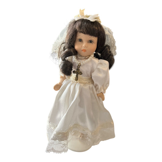 Porcelain First Communion Doll – 7.5" – White Satin Dress, Veil & Cross Necklace – With Stand
