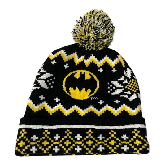 DC Comics Batman Winter Knit Pom Beanie Hat – Black Yellow White Fair Isle – One Size