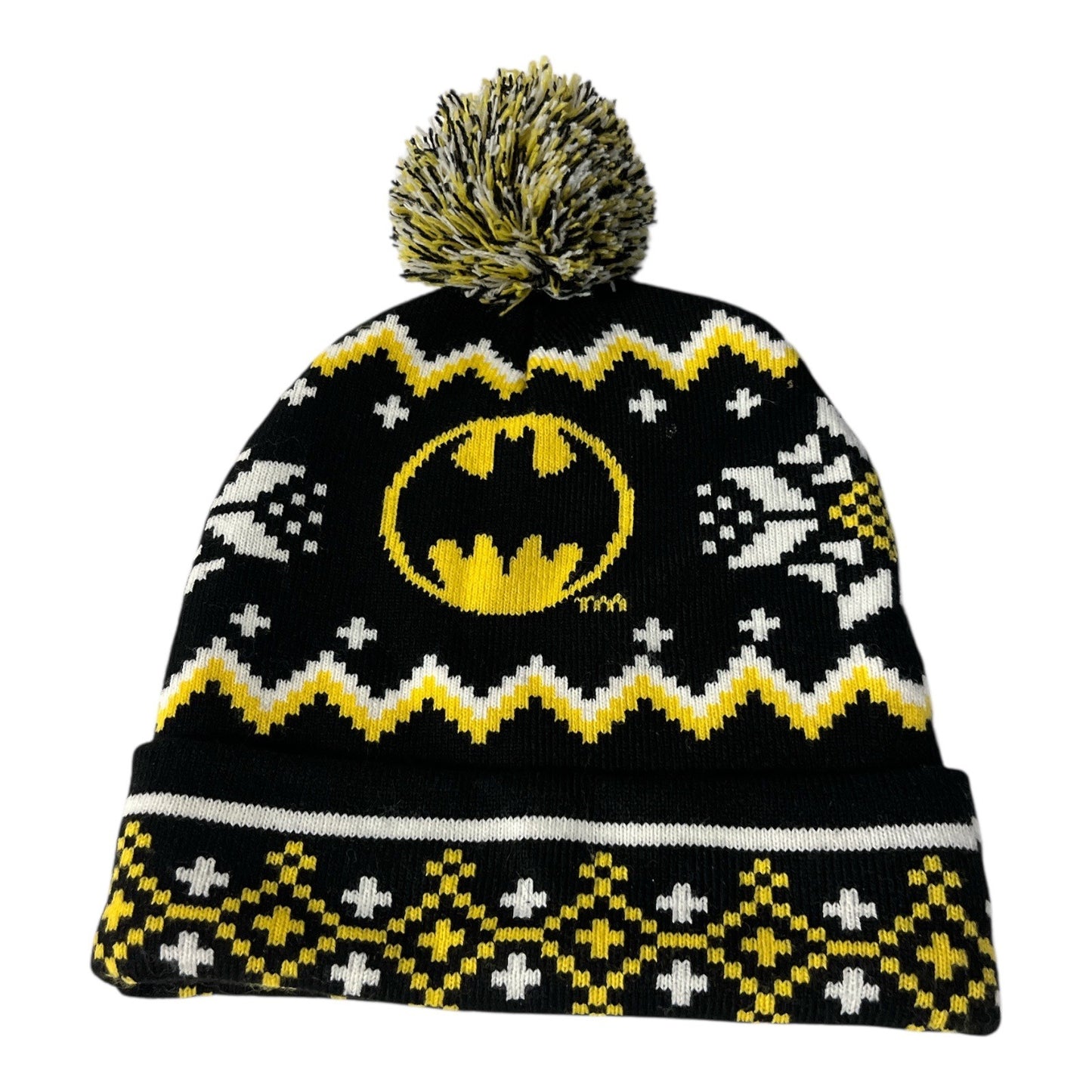 DC Comics Batman Winter Knit Pom Beanie Hat – Black Yellow White Fair Isle – One Size