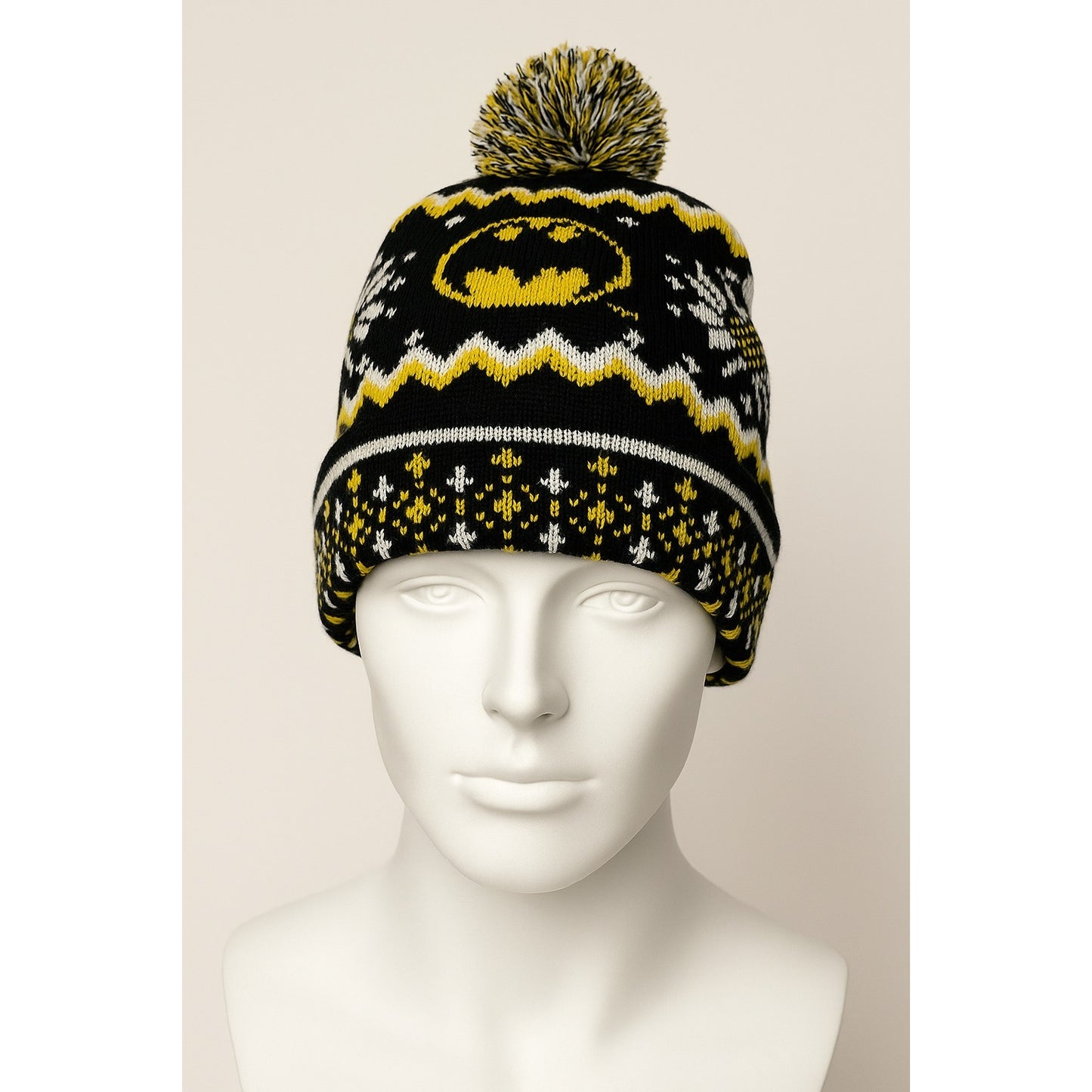 DC Comics Batman Winter Knit Pom Beanie Hat – Black Yellow White Fair Isle – One Size