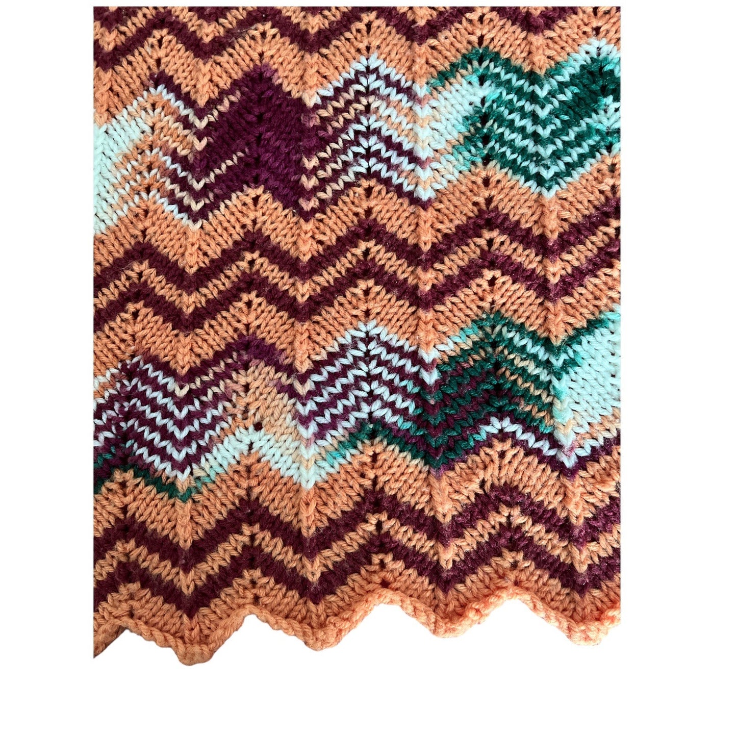 Vintage Hand-Knitted Chevron Blanket – 40 x 69 – Retro Zigzag Throw